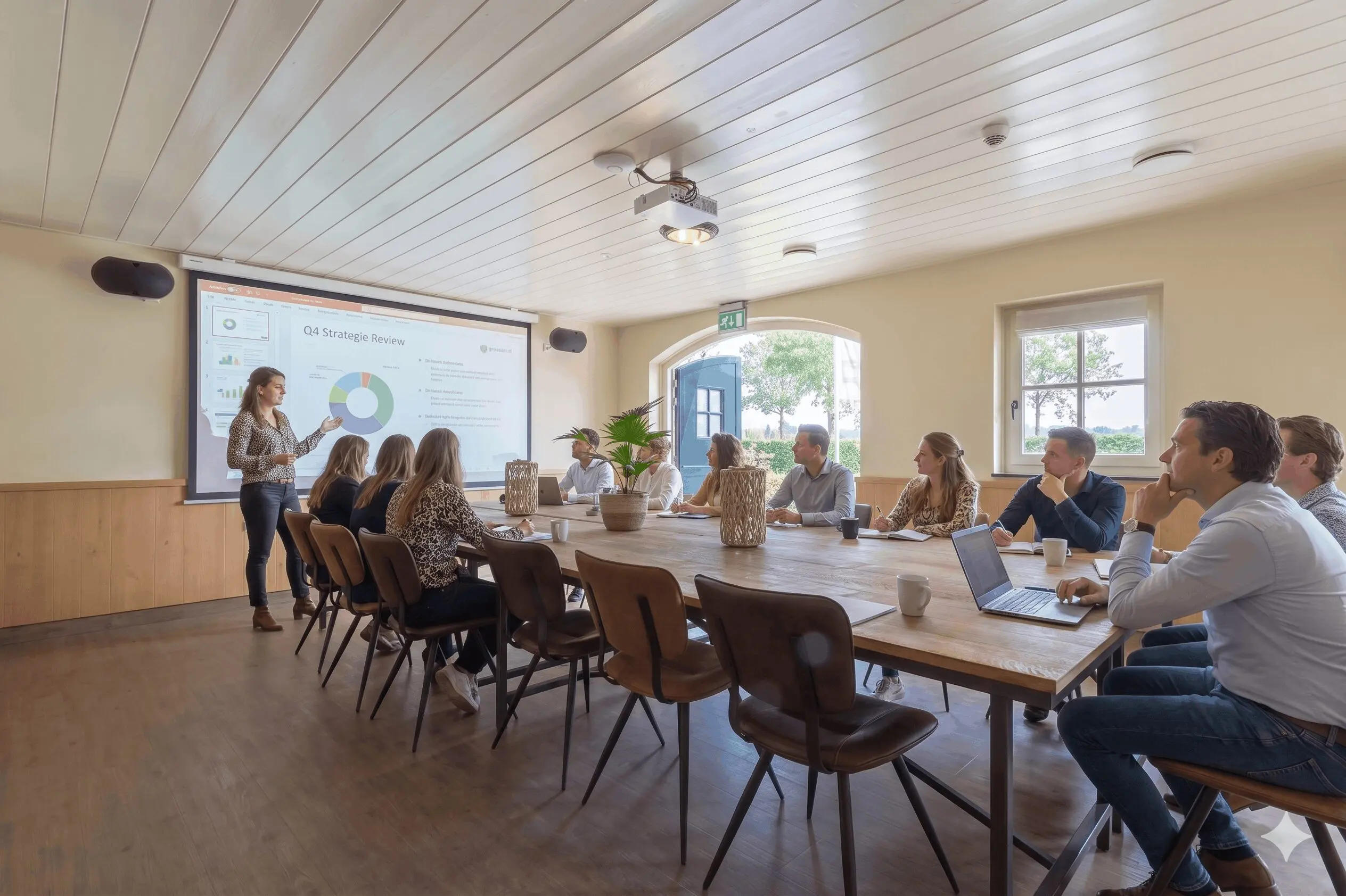 groep collega's aan tafel in een groepsaccommodatie kijkend naar een presentatie