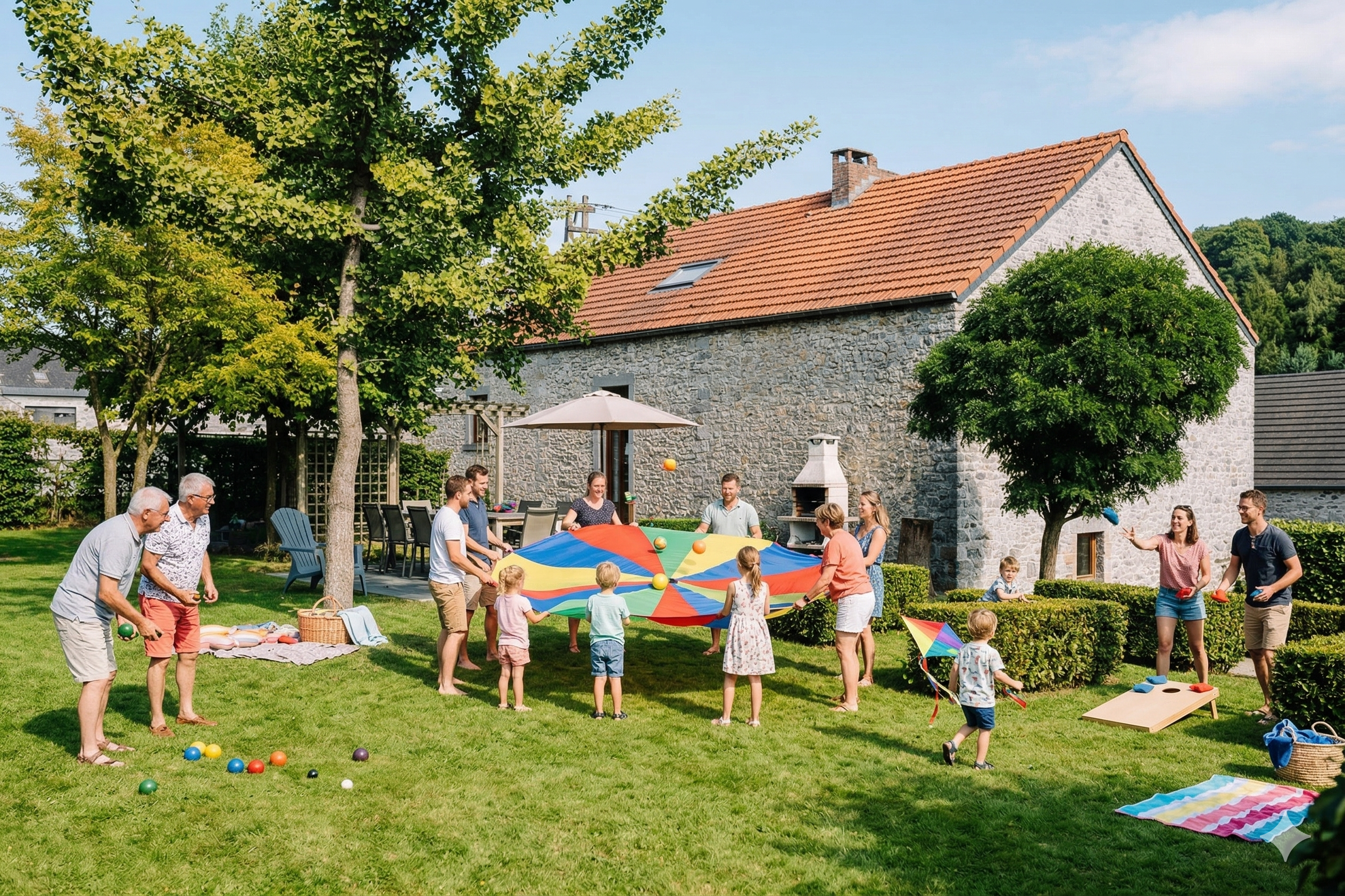 Groep die spelletjes speelt in tuin groepsaccommodatie