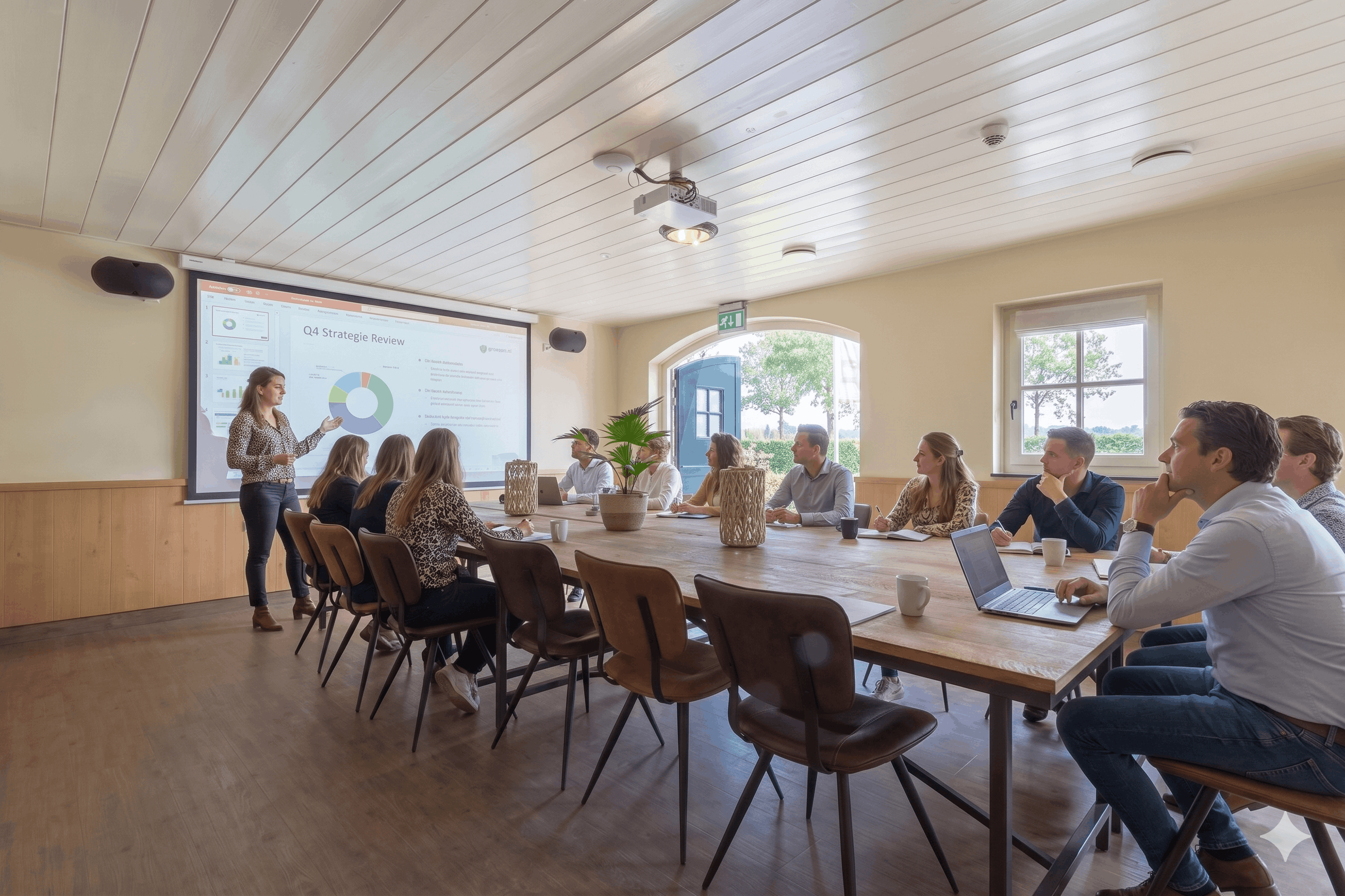 groep collega's aan tafel in een groepsaccommodatie kijkend naar een presentatie